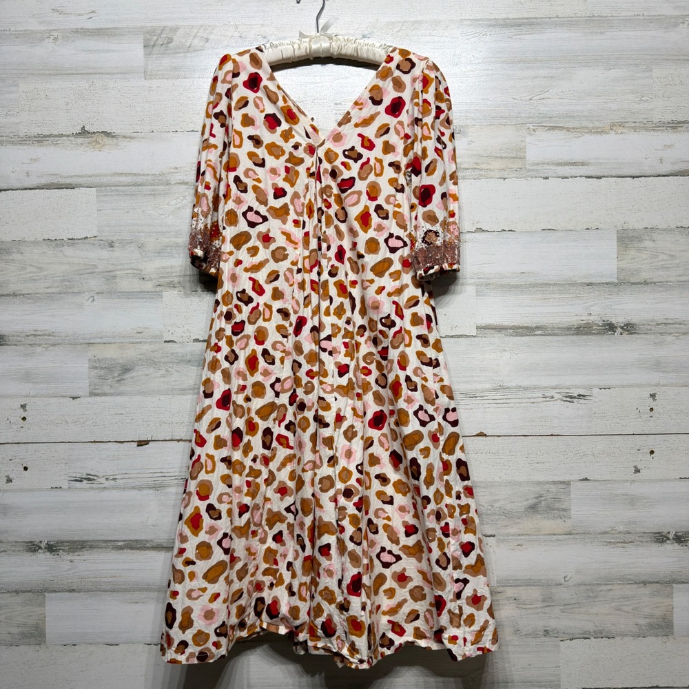 Pink Chicken Midi Dress Women Small Tan Leopard Sequin Cuff Cotton Boho EUC